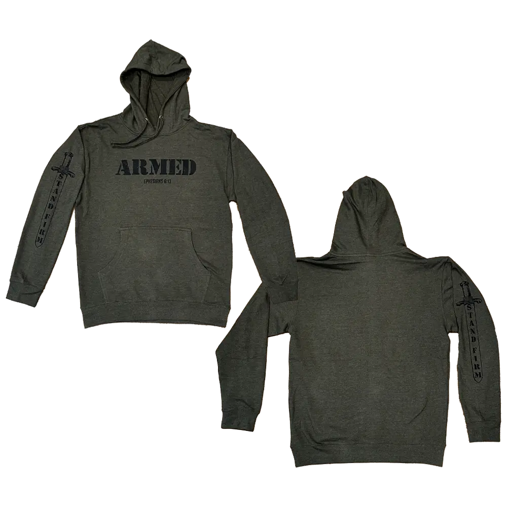 Green Armed Christian Hoodie sweatshirt with black text