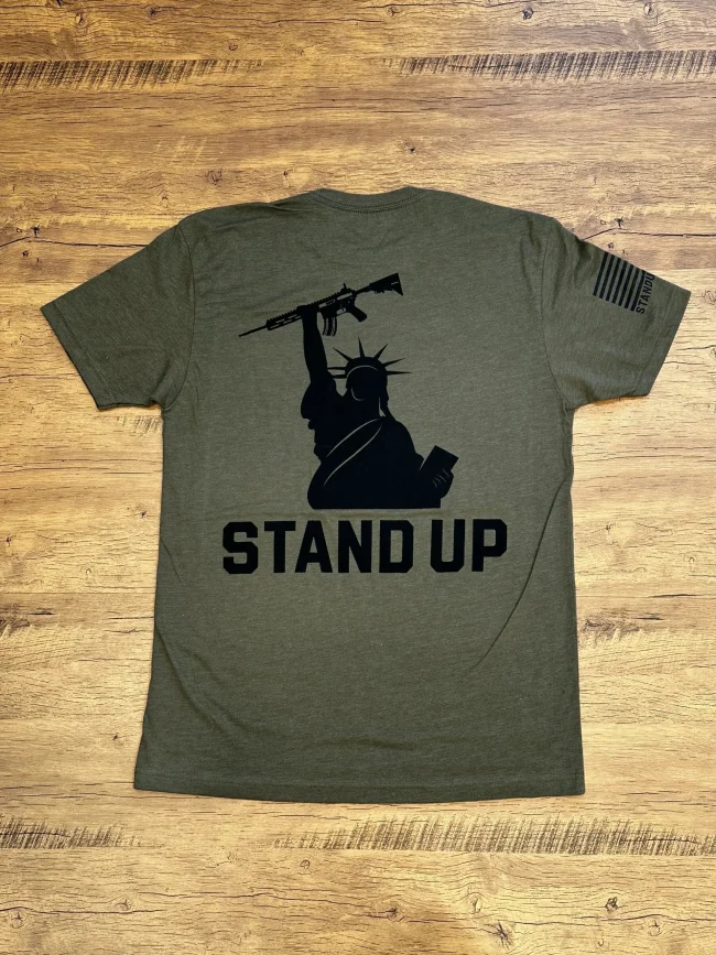 Defend the 2nd Amendment T-Shirt -Military Green shirt - Protecting your right to bare arms - Stand Up Now