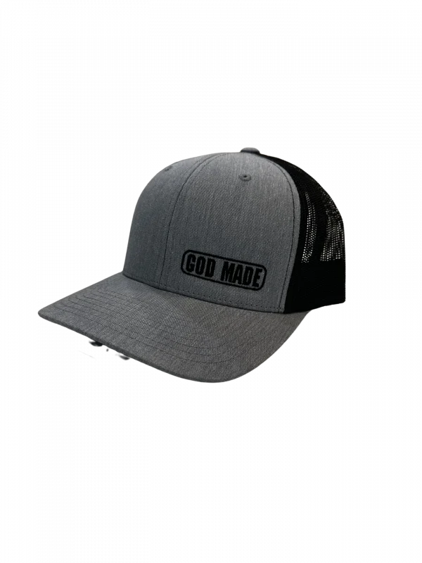 Mens Snapback Hat - GOD MADE - Black & Grey trucker style hat