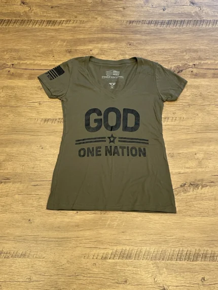One nation under God Womens V-Neck Military Green