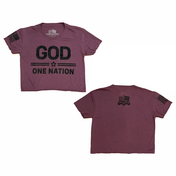 This One Nation under GOD shirt for Women is so soft and comfortable. the patriotic crop top design is perfect. This crop top shirt comes in many colors. pink- purple - shiraz - black - charcoal and more colors