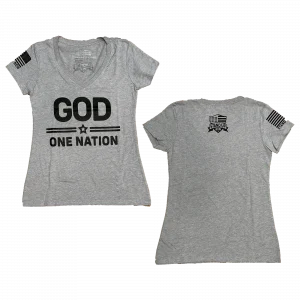 This One Nation under GOD shirt for Women is so soft and comfortable. the V-Neck design is perfect. this V-neck shirt comes in many colors. Grey - Green - Pink - Black - White