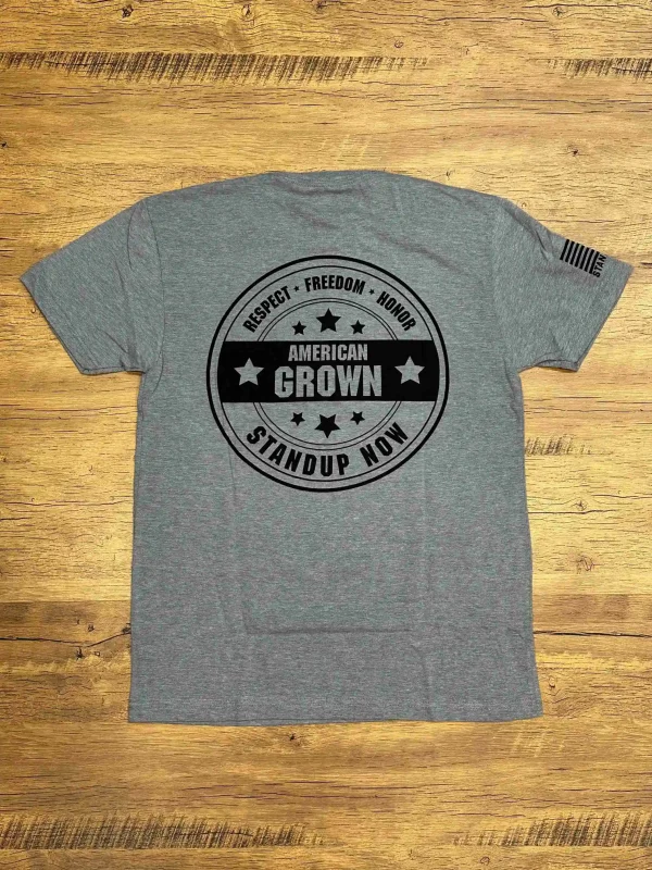 American Grown Patriotic Shirt- Honor - Respect - Freedom shirt. Stand Up Now in this American Patriotic T-shirt. Comes in Black, Grey, White, Green & Navy