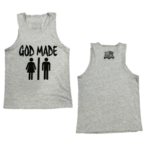 This Powerful GOD MADE MAN & WOMAN Tank Top is not only BOLD but comfortable. Available in many colors Black, Grey & green tank tops