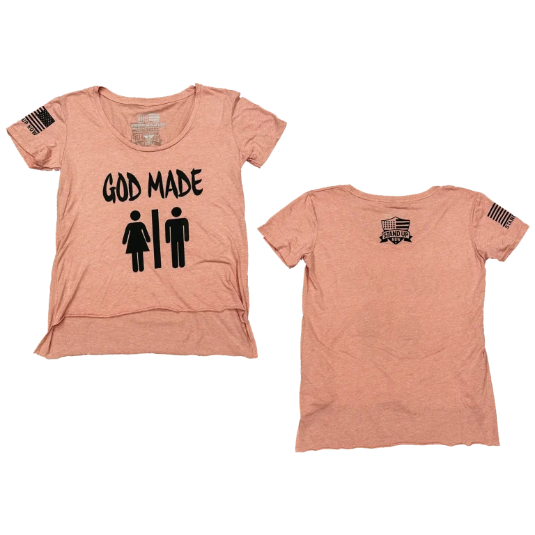 This Powerful GOD MADE MAN & WOMAN design is now available in a women's crew neck cut shirt. This Shirt is not only BOLD but comfortable. Available in shirt colors Green & Grey