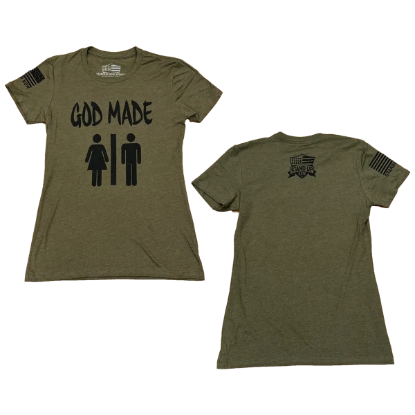 This Powerful GOD MADE MAN & WOMAN design is now available in a women's crew neck cut shirt. This Shirt is not only BOLD but comfortable. Available in shirt colors Green & Grey