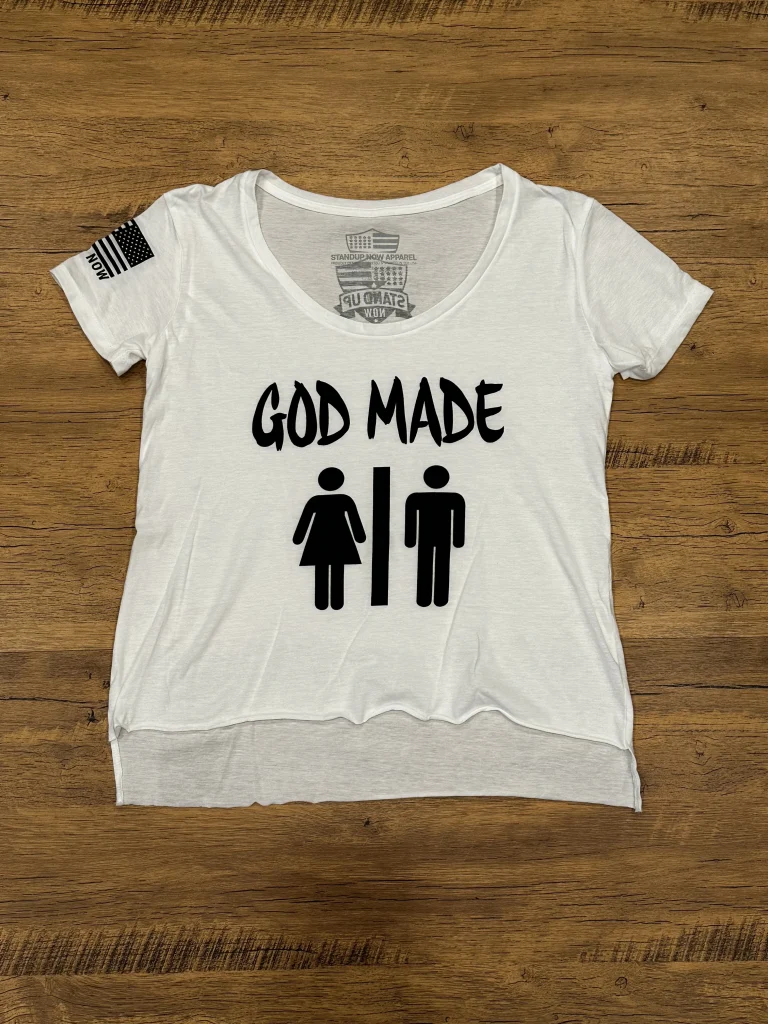 This Powerful GOD MADE MAN & WOMAN design is now available in a women's comfy swoop neck shirt. This Shirt is not only BOLD but comfortable. Available in shirt colors Blacl, White * Desert Pink