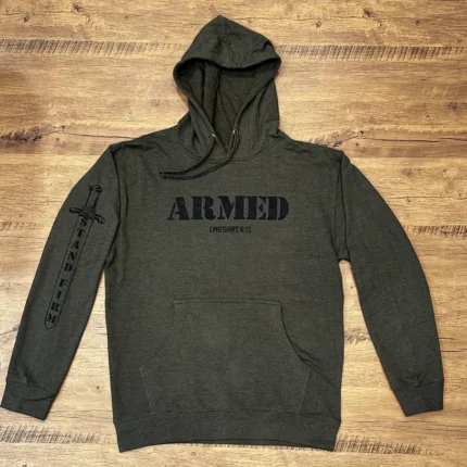 Green Armed Christian Hoodie sweatshirt with black text