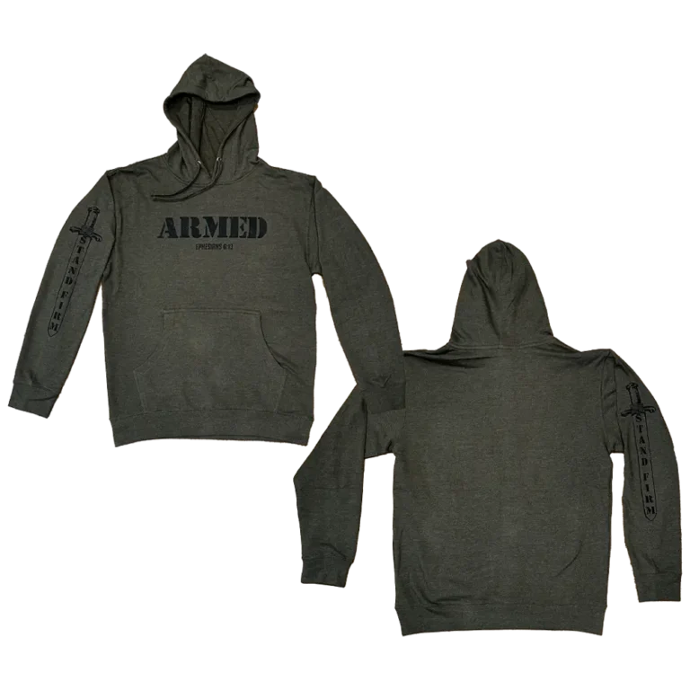 Green Armed Christian Hoodie sweatshirt with black text