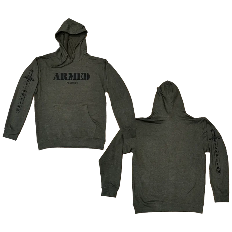 Green Armed Christian Hoodie sweatshirt with black text