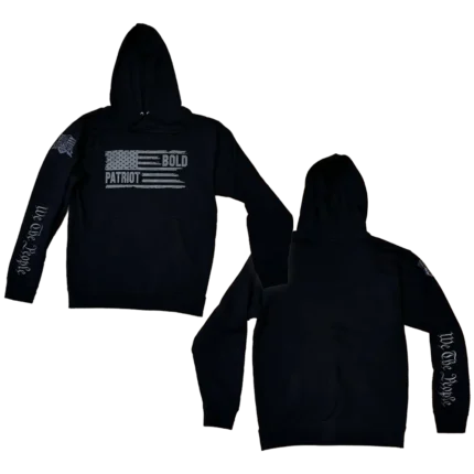 Black Bold Patriot We The People Patriotic hoodie with gray text