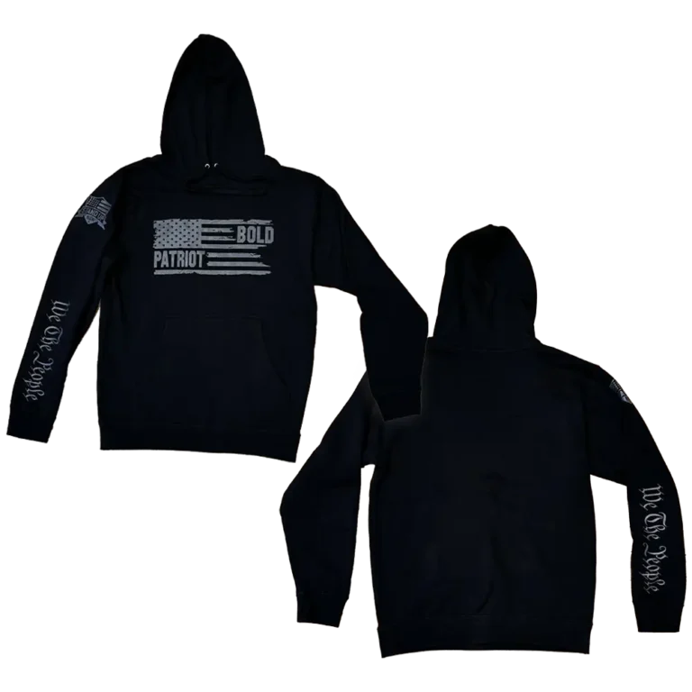 Black Bold Patriot We The People Patriotic hoodie with gray text