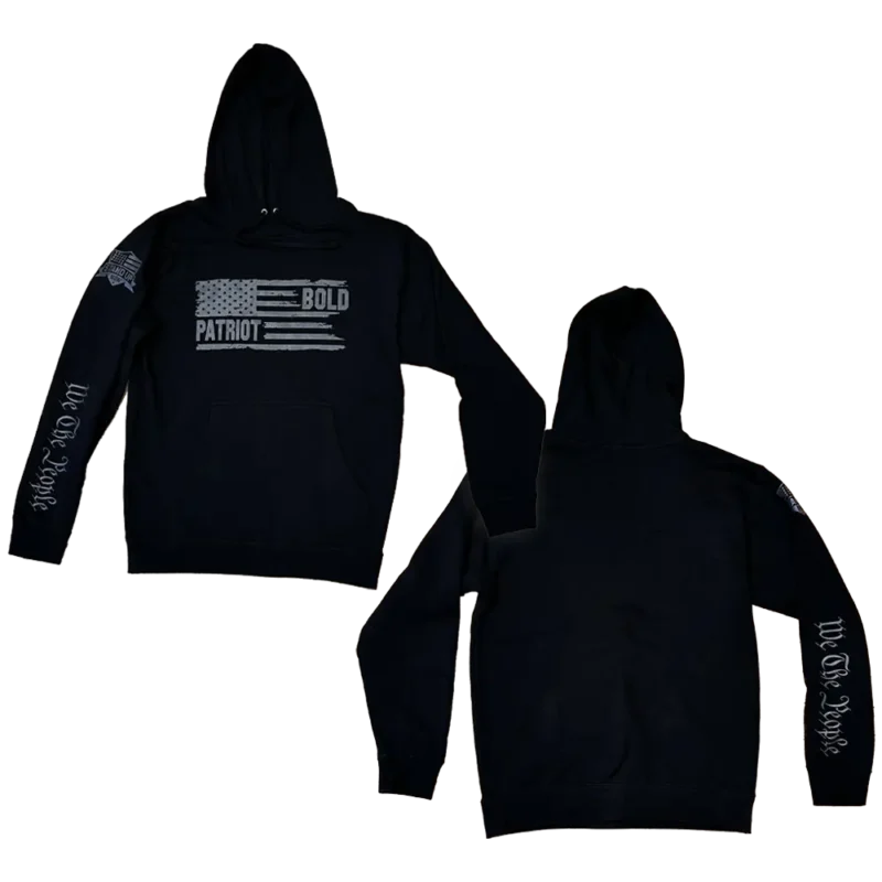 Black Bold Patriot We The People Patriotic hoodie with gray text